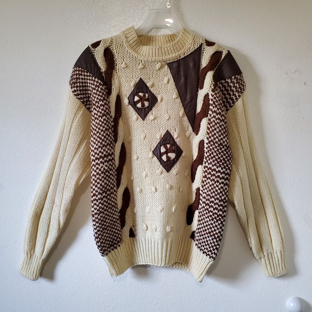 Vintage Mark Elliot Sweater Mens L Ivory Brown Acrylic Wool Leather Geometric
